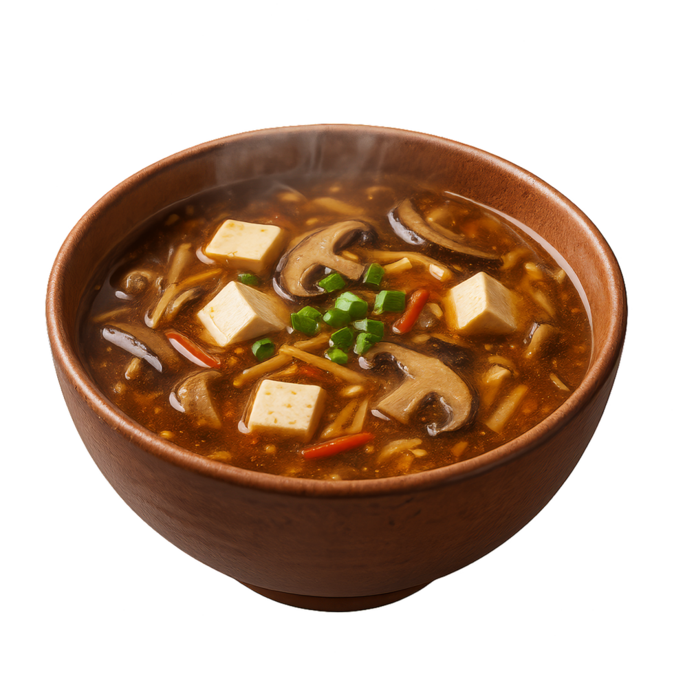Hot and Sour Soup in a Wooden Bowl with Fresh Ingredients png
