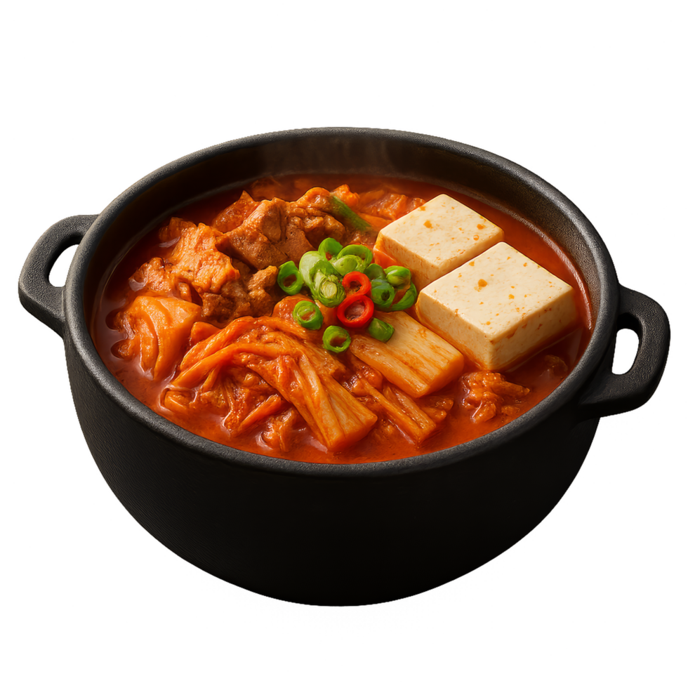 Spicy Kimchi Stew with Tofu and Vegetables in Black Pot png