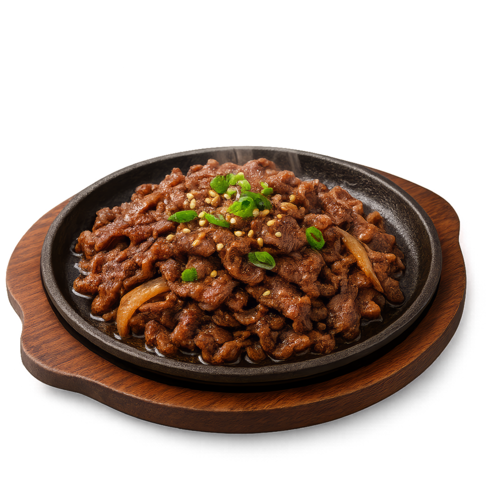 Delicious Bulgogi Beef on Hot Plate with Garnishes and Seasoning png