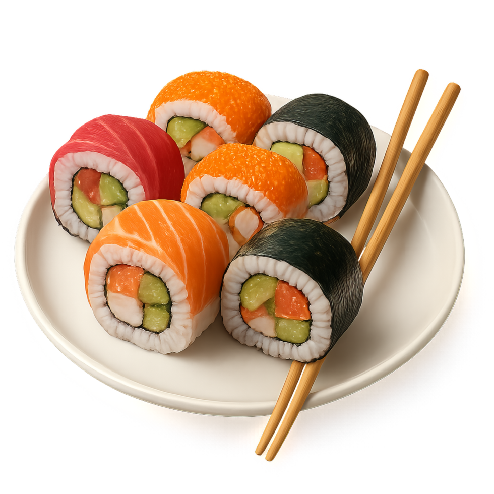 Colorful Sushi Rolls on Plate with Chopsticks Ready to Enjoy png