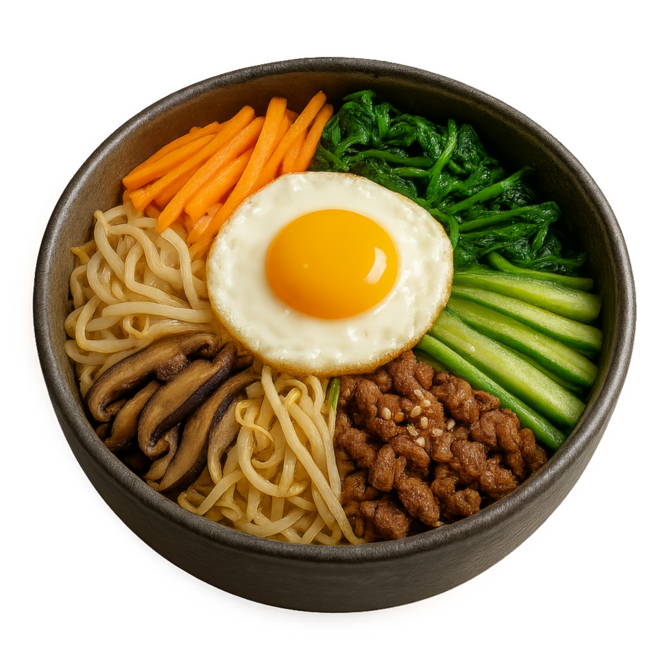Colorful Bibimbap Bowl with Fresh Vegetables and Egg Yolk Delight png