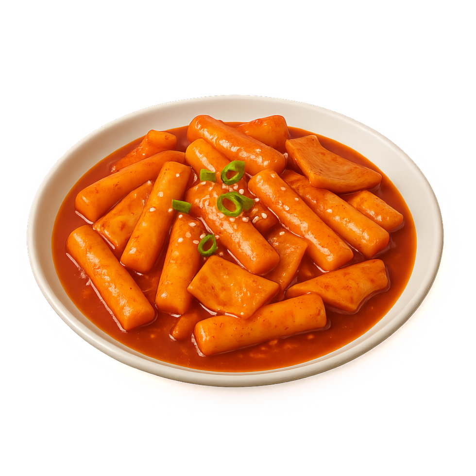 Delicious Tteokbokki with Spicy Sauce and Fresh Green Onions png