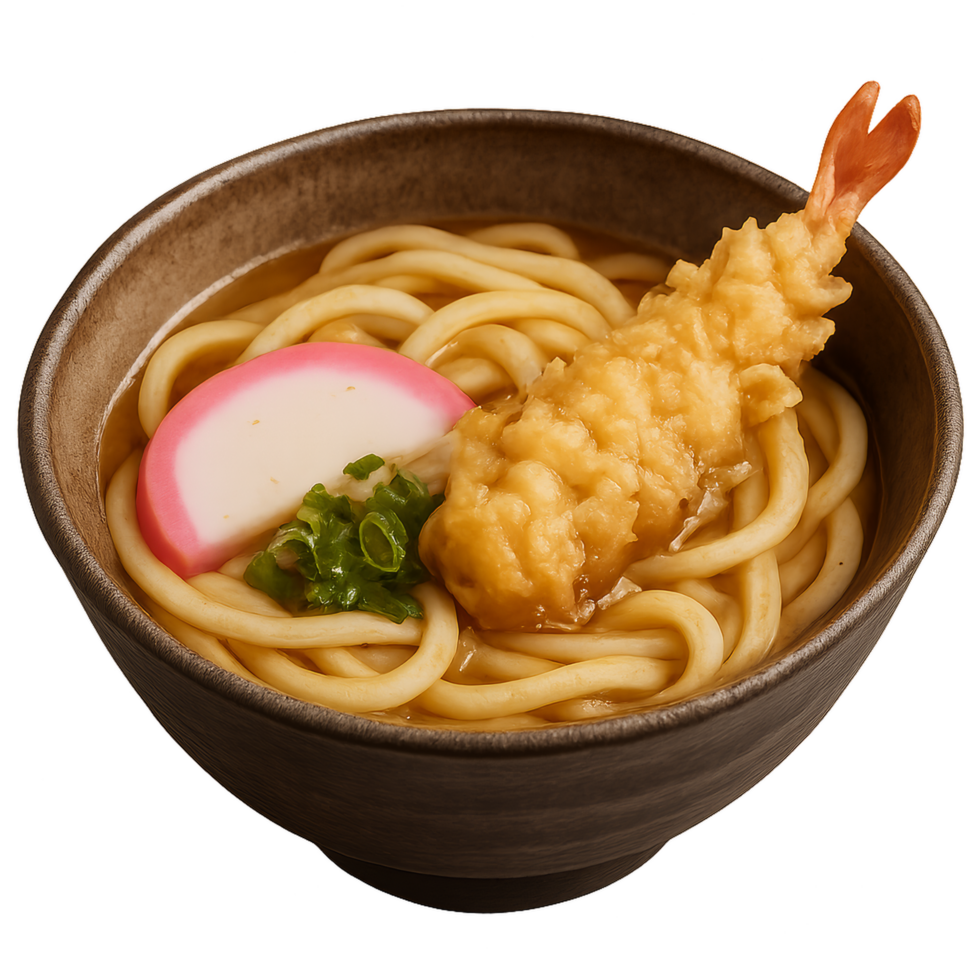Delicious Udon Noodle Bowl with Tempura Shrimp and Fresh Toppings png