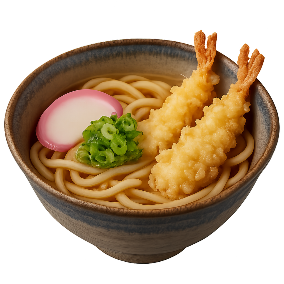 Delicious Udon Noodle Bowl with Tempura and Fresh Green Onions png