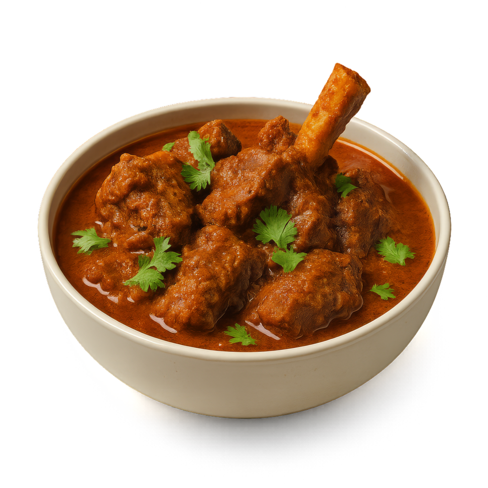 Spicy Lamb Curry Delight in a Traditional Bowl with Fresh Herbs png