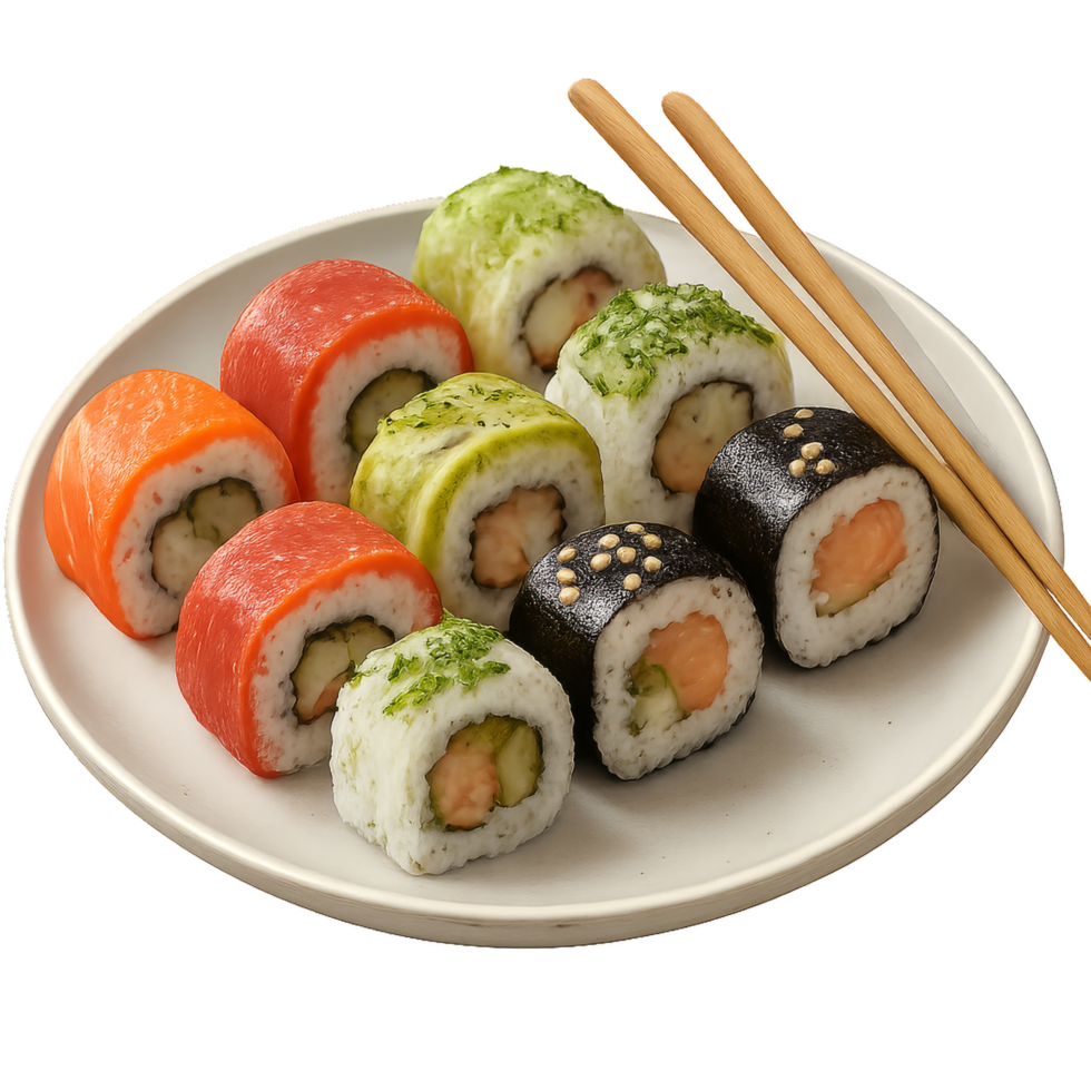 Colorful Sushi Delights on a White Plate with Chopsticks png