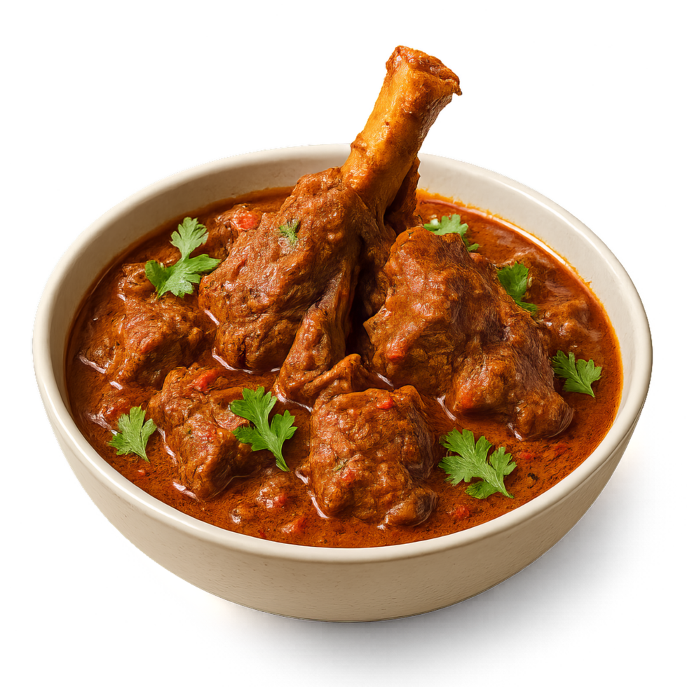 Spicy Lamb Curry Delight in a Bowl with Fresh Herbs Garnish png