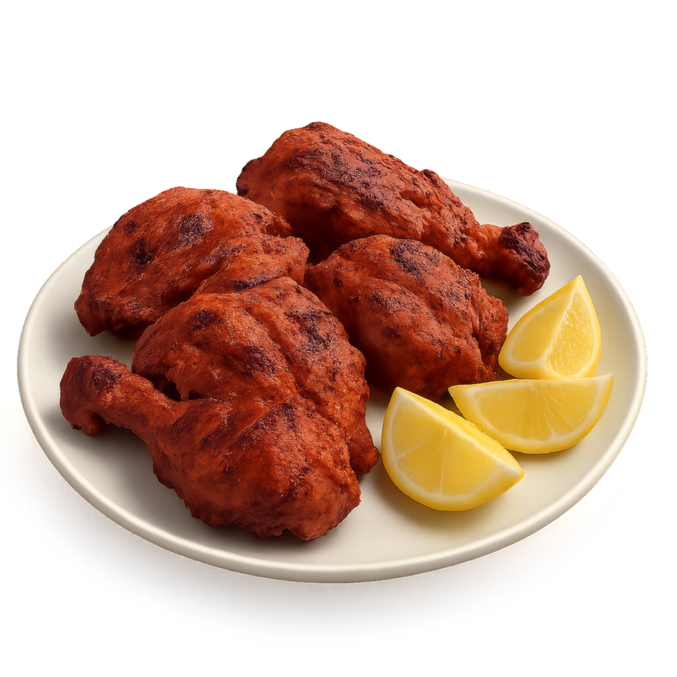 Delicious Tandoori Chicken on a White Plate with Lemon Slices png