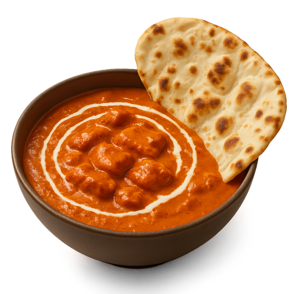 Creamy Butter Chicken with Naan Bread in a Traditional Bowl png