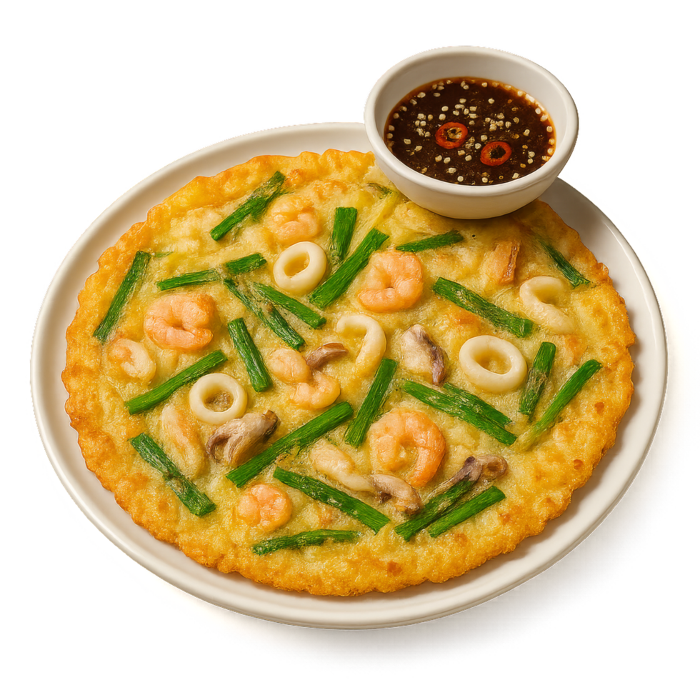 Delicious Golden Seafood Pancake with Dipping Sauce and Garnish png