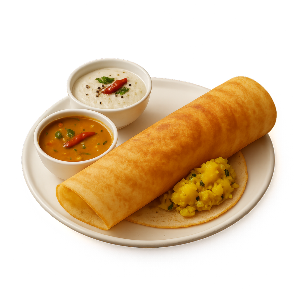 Savory Masala Dosa with Side Dishes on a Simple Plate png
