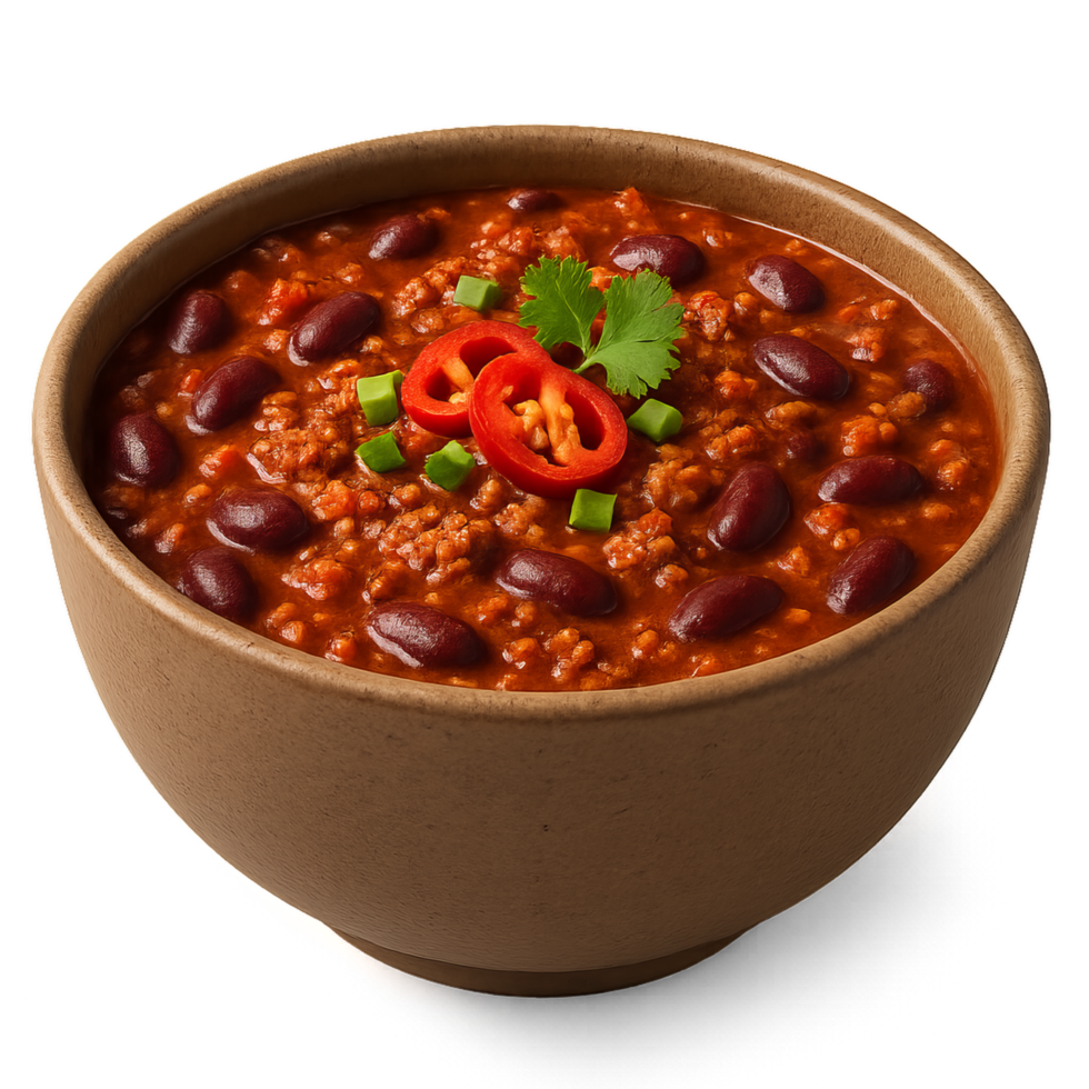 Spicy Chili Bowl with Red Beans and Fresh Garnish in Simple Design png