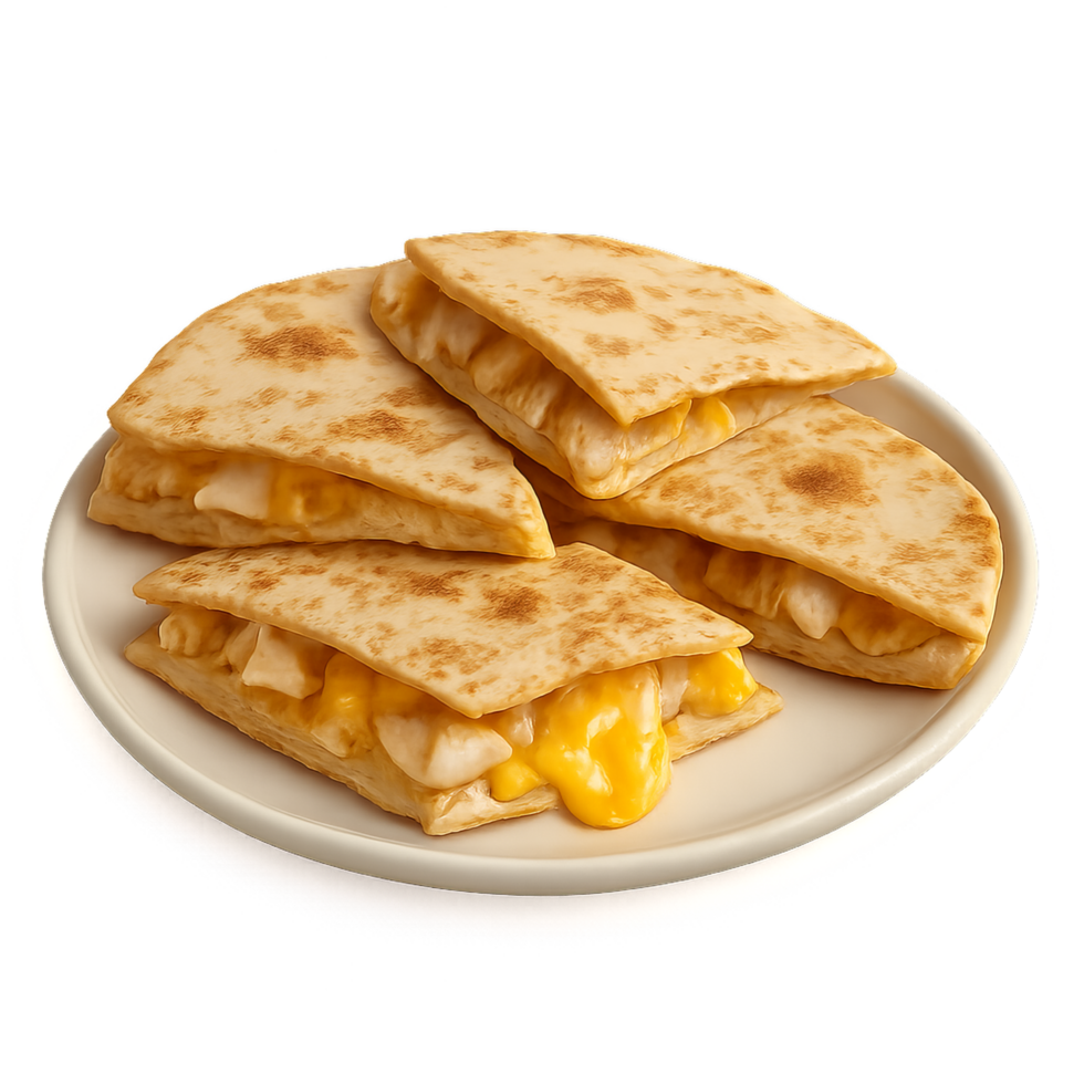 Delicious Cheesy Chicken Quesadillas Served on a White Plate png