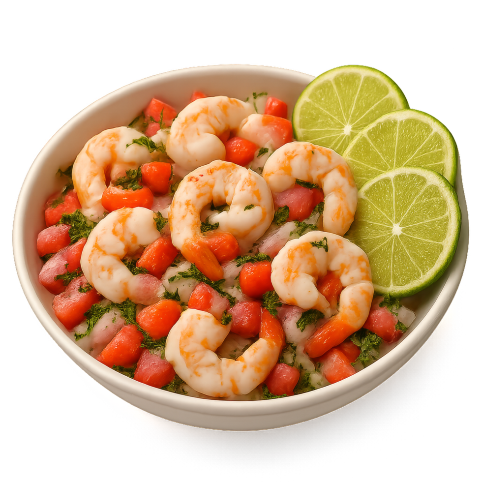 Fresh Shrimp Ceviche Delight with Lime and Tomatoes in Bowl png