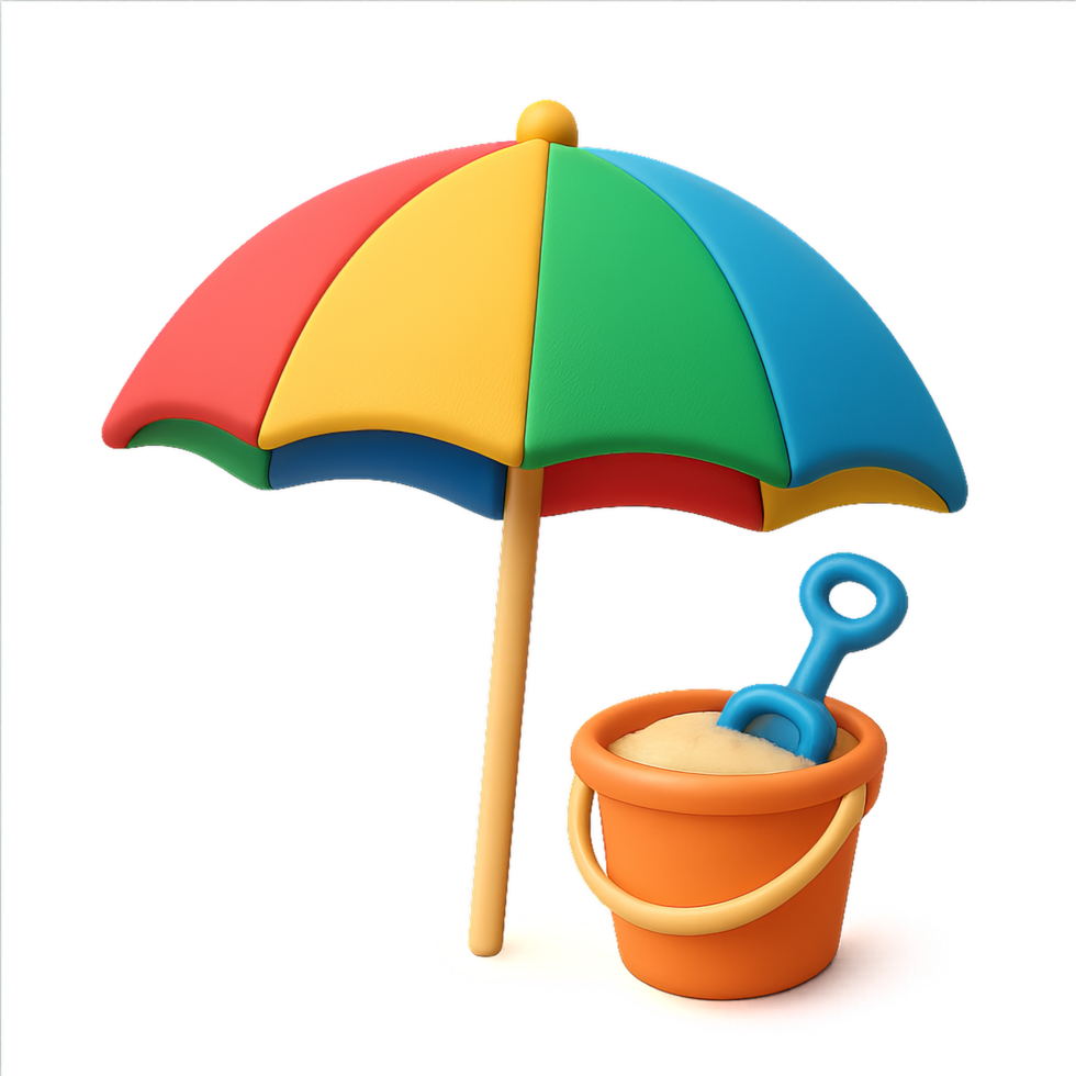 Colorful Beach Umbrella and Bucket with Shovel for Summer Fun png