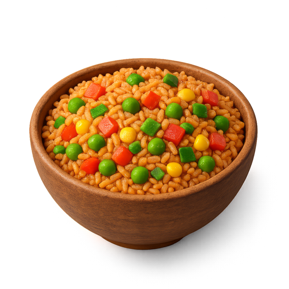 Colorful Mexican Rice Medley with Vegetables in a Wooden Bowl png
