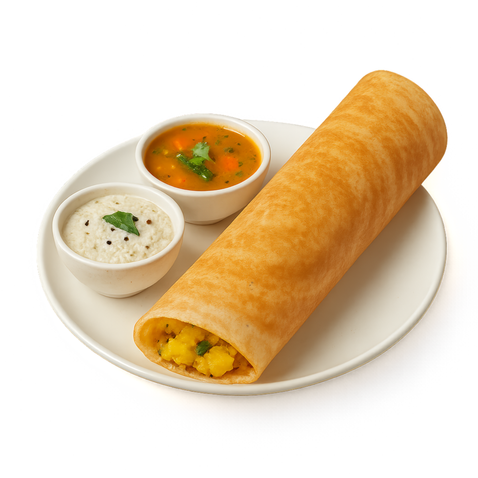 Simple Masala Dosa Served with Chutney and Sambar Delight png