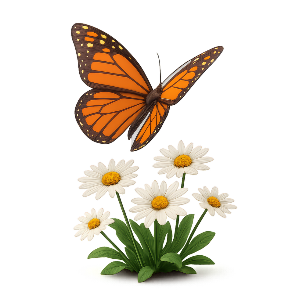 Vibrant Butterfly and Bright Daisies in Lush Green Garden Scene png