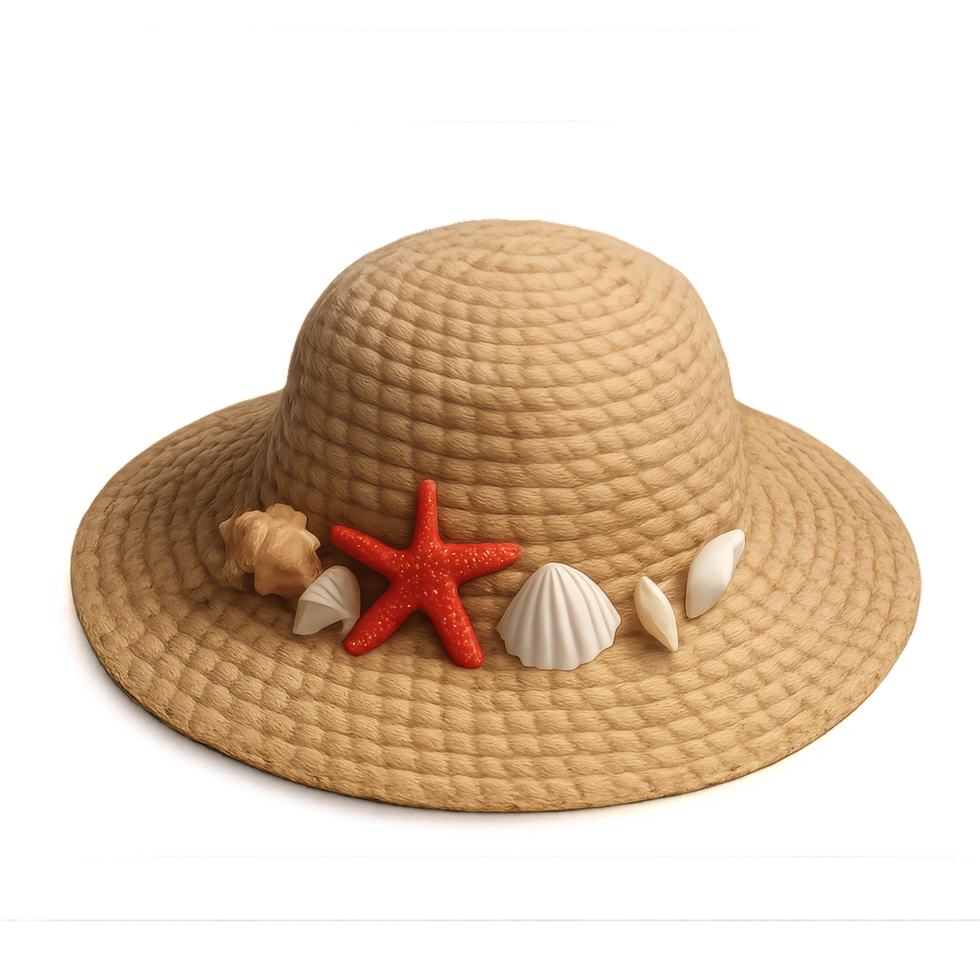 Simple Straw Hat with Seashells and Starfish Decoration png