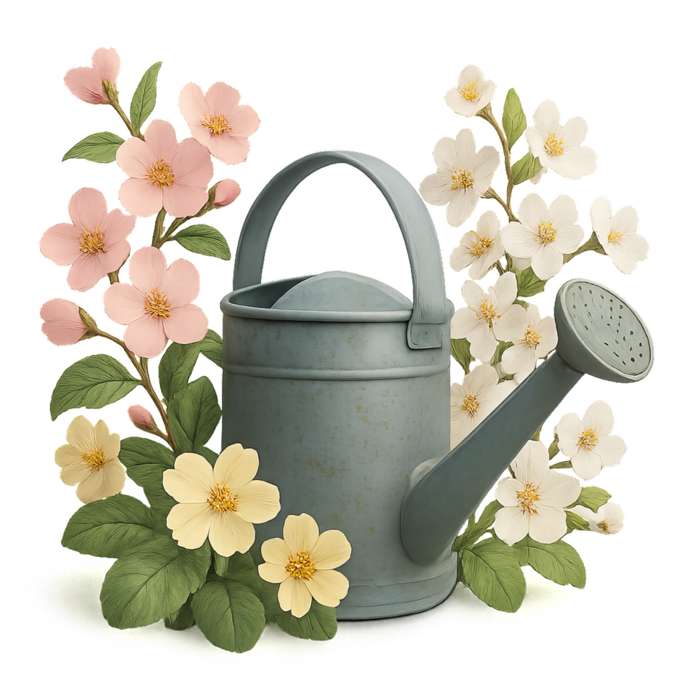 Vintage Watering Can Surrounded by Colorful Blossoms and Flowers png