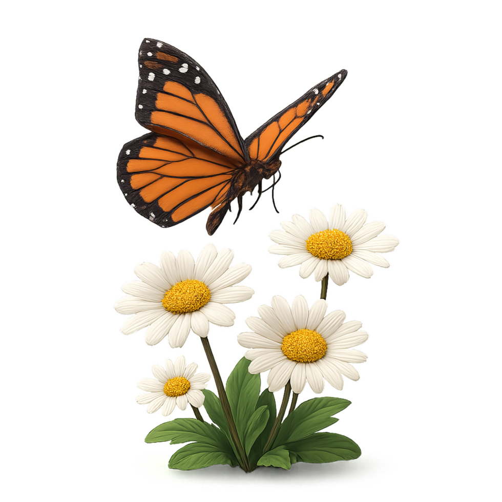 Vibrant Butterfly Among Bright Daisies in a Tranquil Garden Scene png