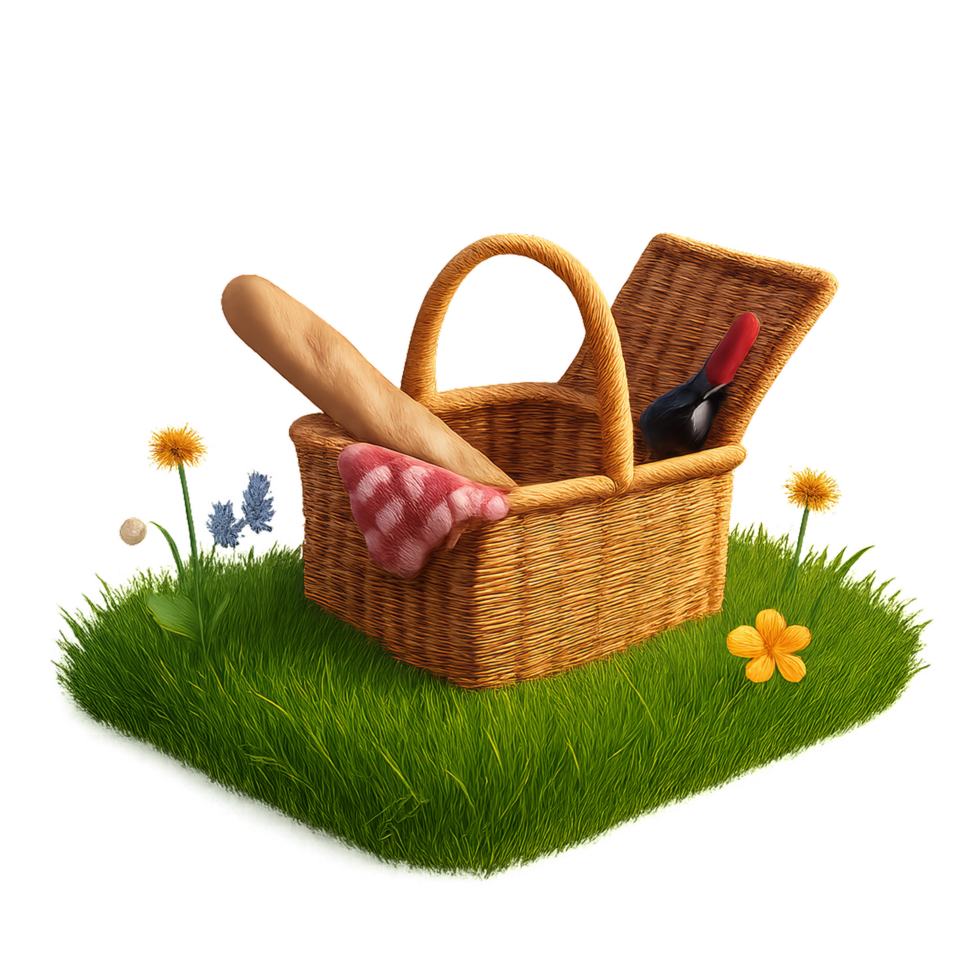 A Vibrant Picnic Basket Surrounded by Grass and Colorful Flowers png