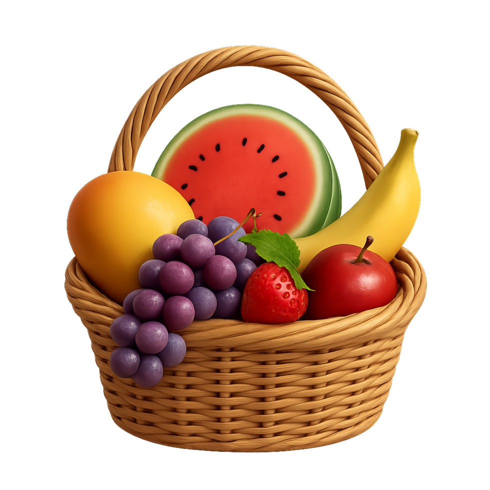 Colorful Summer Fruit Basket with Watermelon, Grapes, and Bananas png