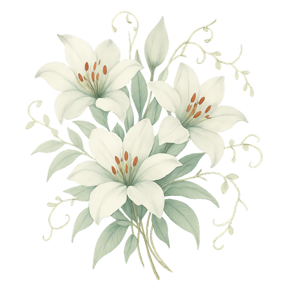 Elegant White Lily Bouquet with Delicate Greenery in Simple Style png