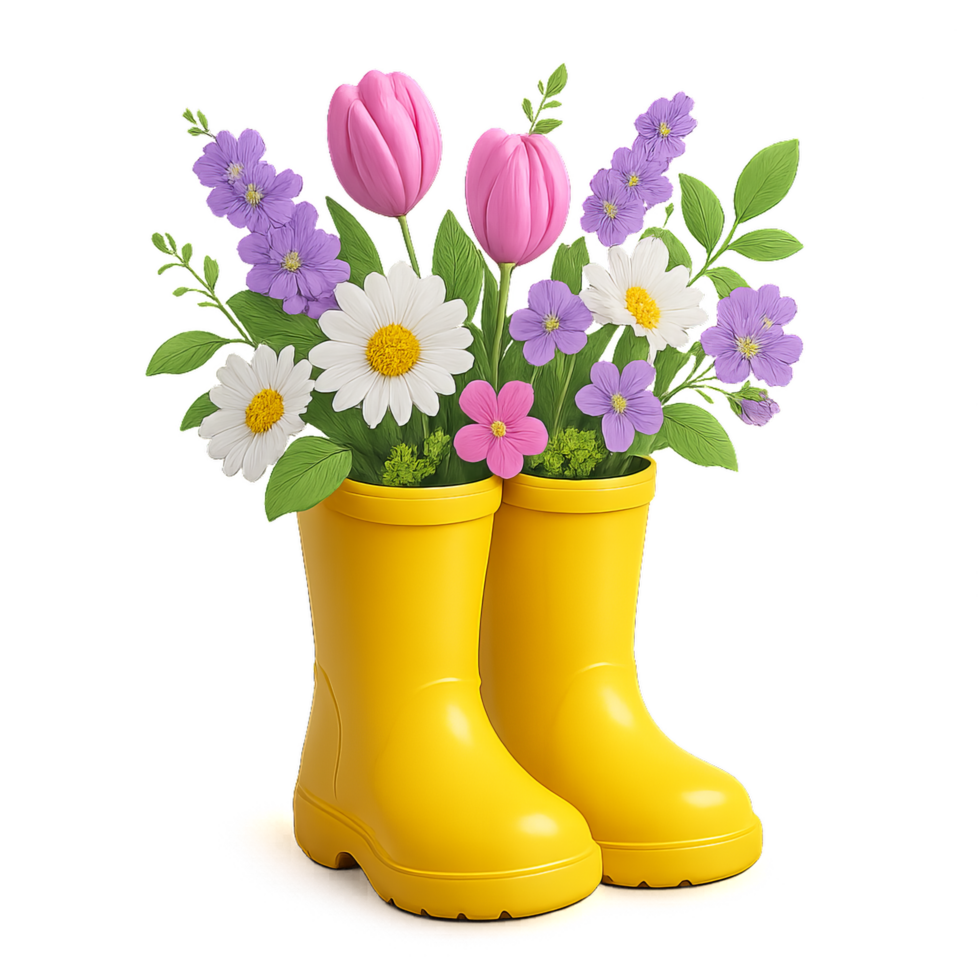Colorful Floral Arrangement in Yellow Rain Boots on White Background png