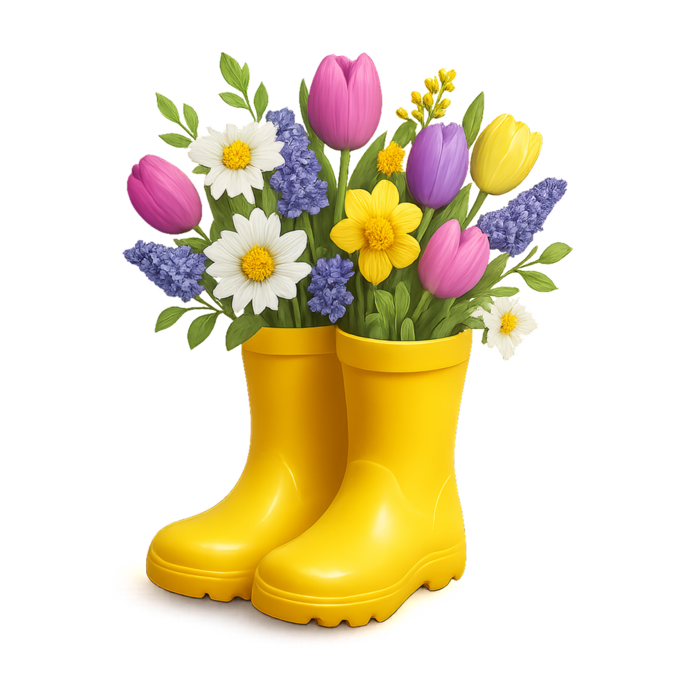 Vibrant Floral Arrangement in Yellow Rain Boots for Spring Decor png