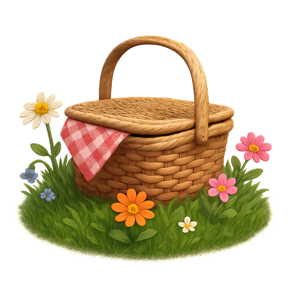 Charming Picnic Basket Surrounded by Colorful Wildflowers on Grass png