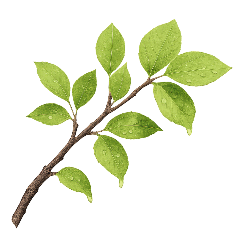 Fresh Green Leaves on Branch with Dew Drops for Serene Aesthetic png
