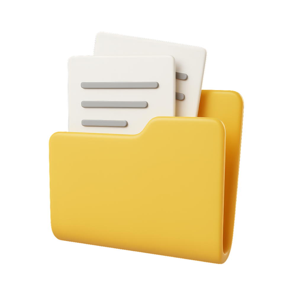 Simple 3D Icon of a Yellow Folder with Document Papers Inside png