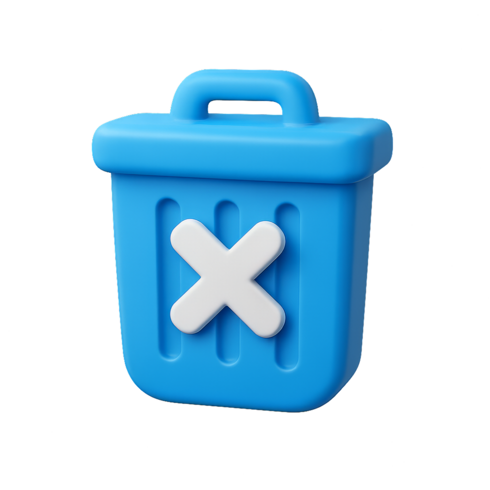 Simple 3D Icon of a Trash Bin with Delete Symbol in Blue Color png