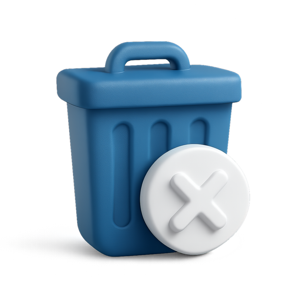 Simple 3D Trash Bin Icon Design with Removal Symbol for Graphics png