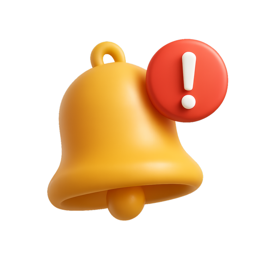 3D Yellow Notification Bell Icon with Red Alert Symbol png