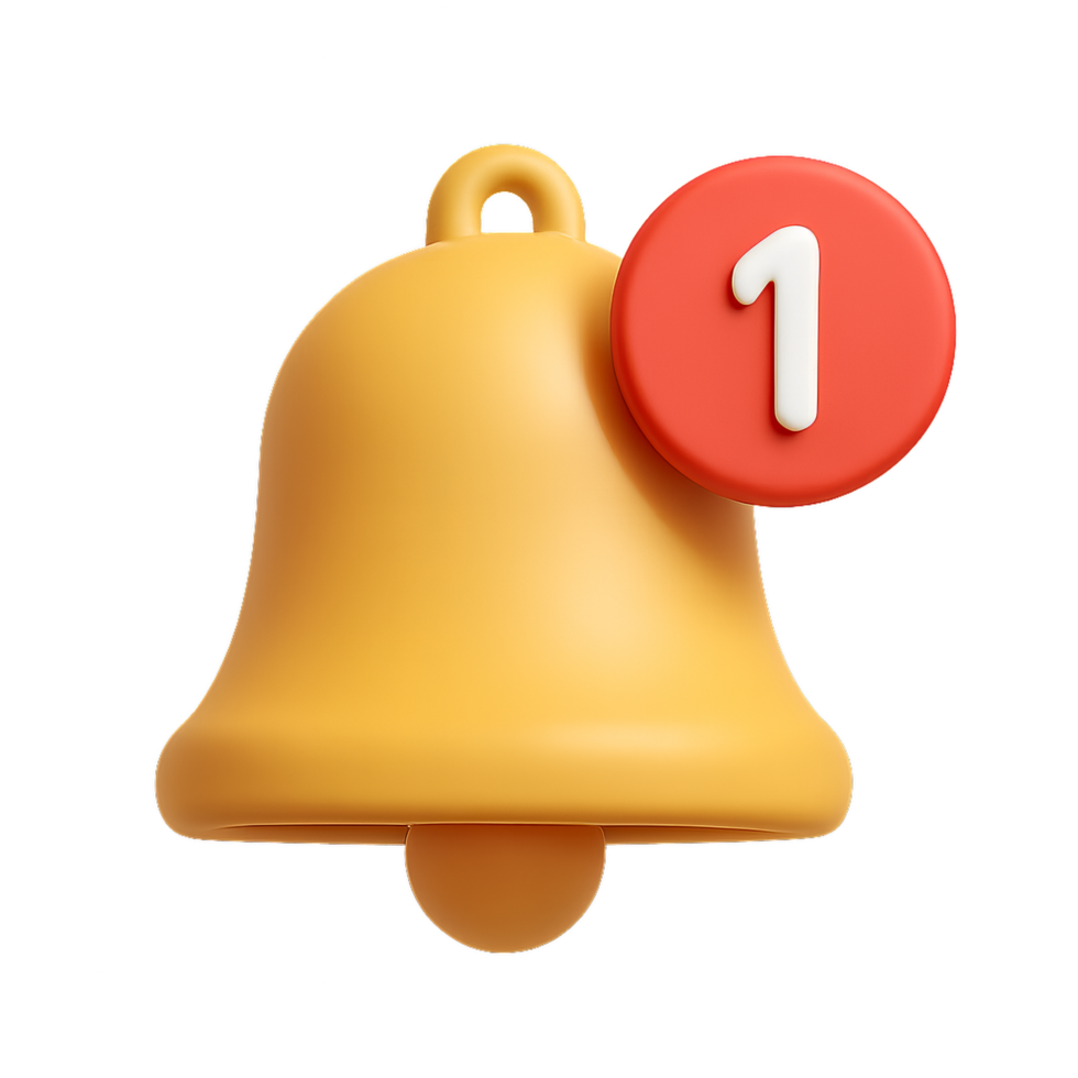 3D Notification Bell Icon with Number One Badge Indicator png