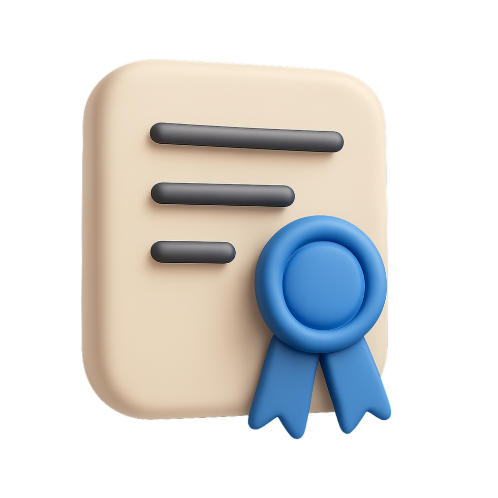 3D Simple Certificate Icon with Ribbon and Document Elements png