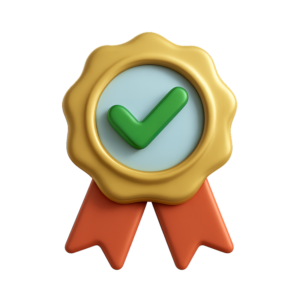 Golden Achievement Badge with Check Mark on Colorful Ribbon Design png