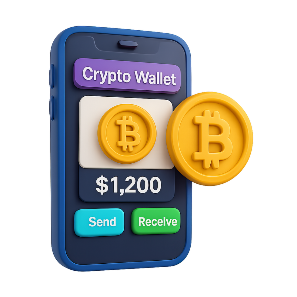Simple 3D Icon of a Mobile Crypto Wallet with Bitcoin Coin png