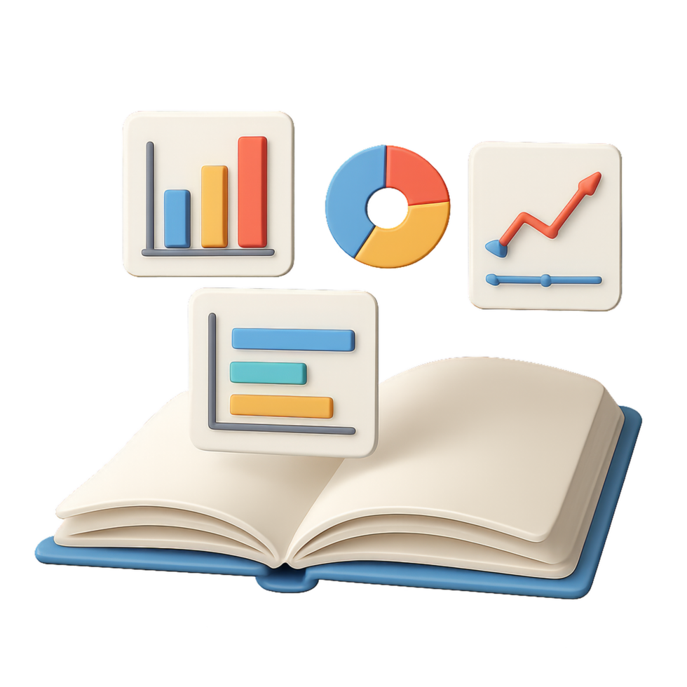 Open Book with Data Visualizations on Floating Elements png