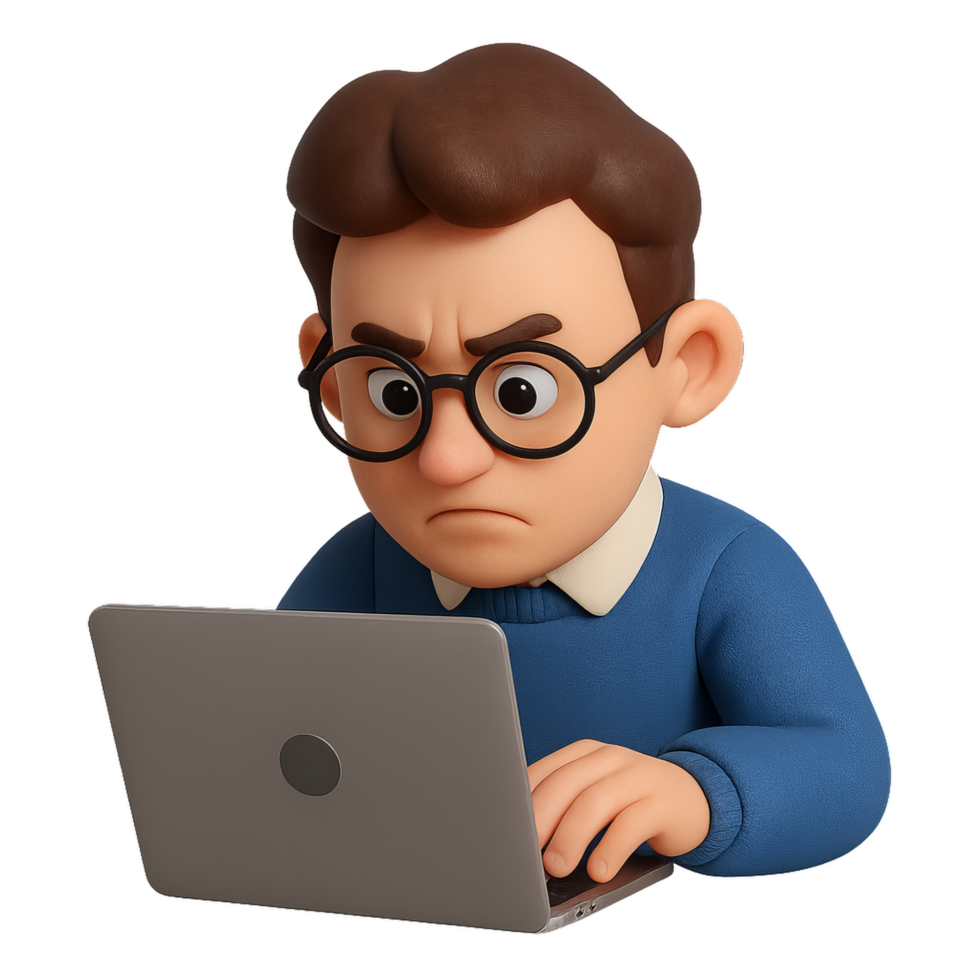 3D Character Focused on Laptop Research and Simple Task Solution png