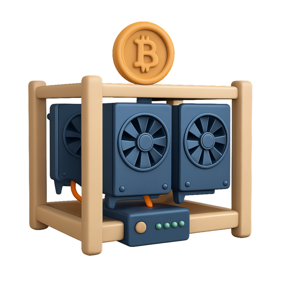 3D Simple Mining Rig with Bitcoin Symbol Representation png