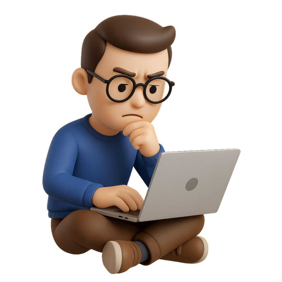 3D Character Research Concept with Thoughtful Person Working png