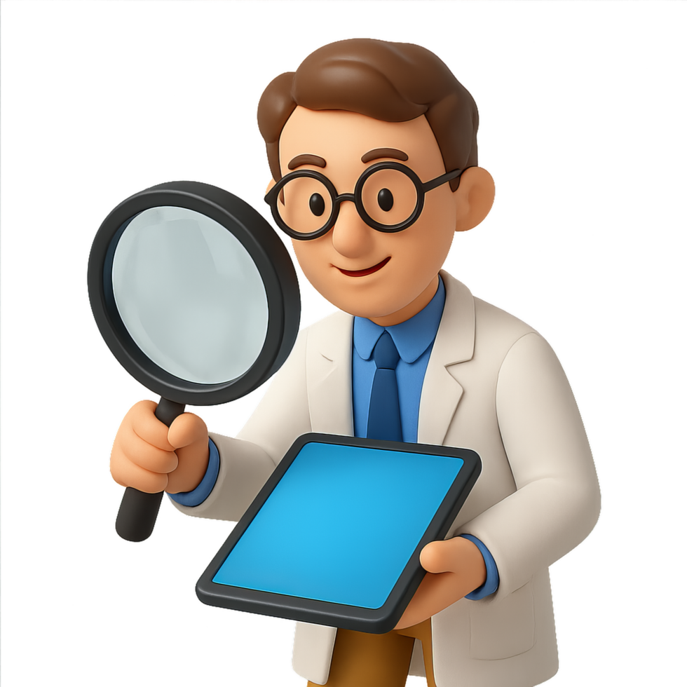 Researcher Holding Giant Magnifying Glass and Tablet in Lab Setting png