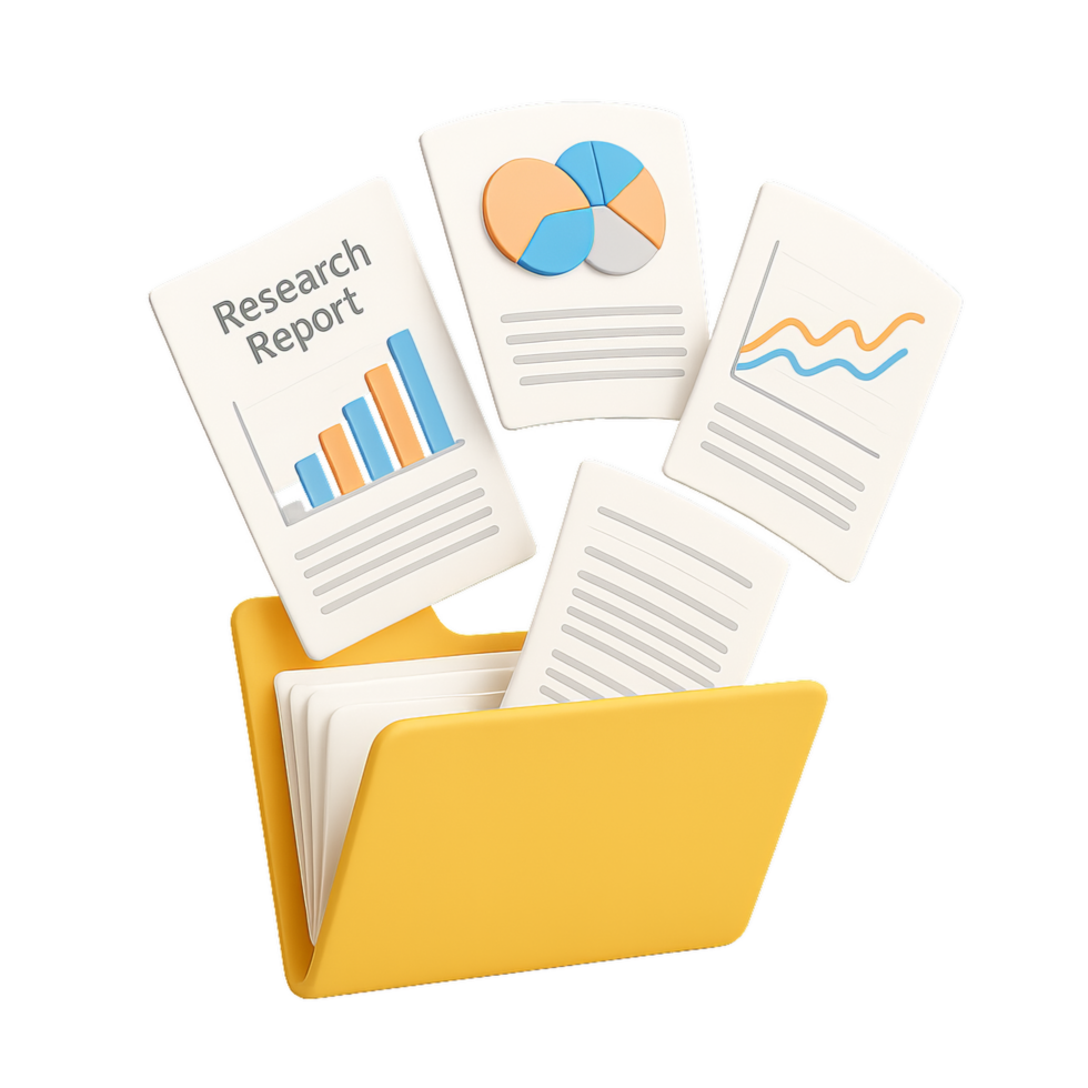 3D Illustration of Research Report Documents and Yellow Folder png