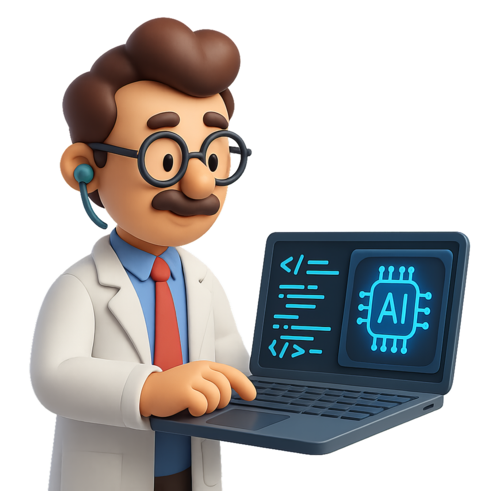 3D Scientist Working on AI Coding with Laptop and Modern Technology png