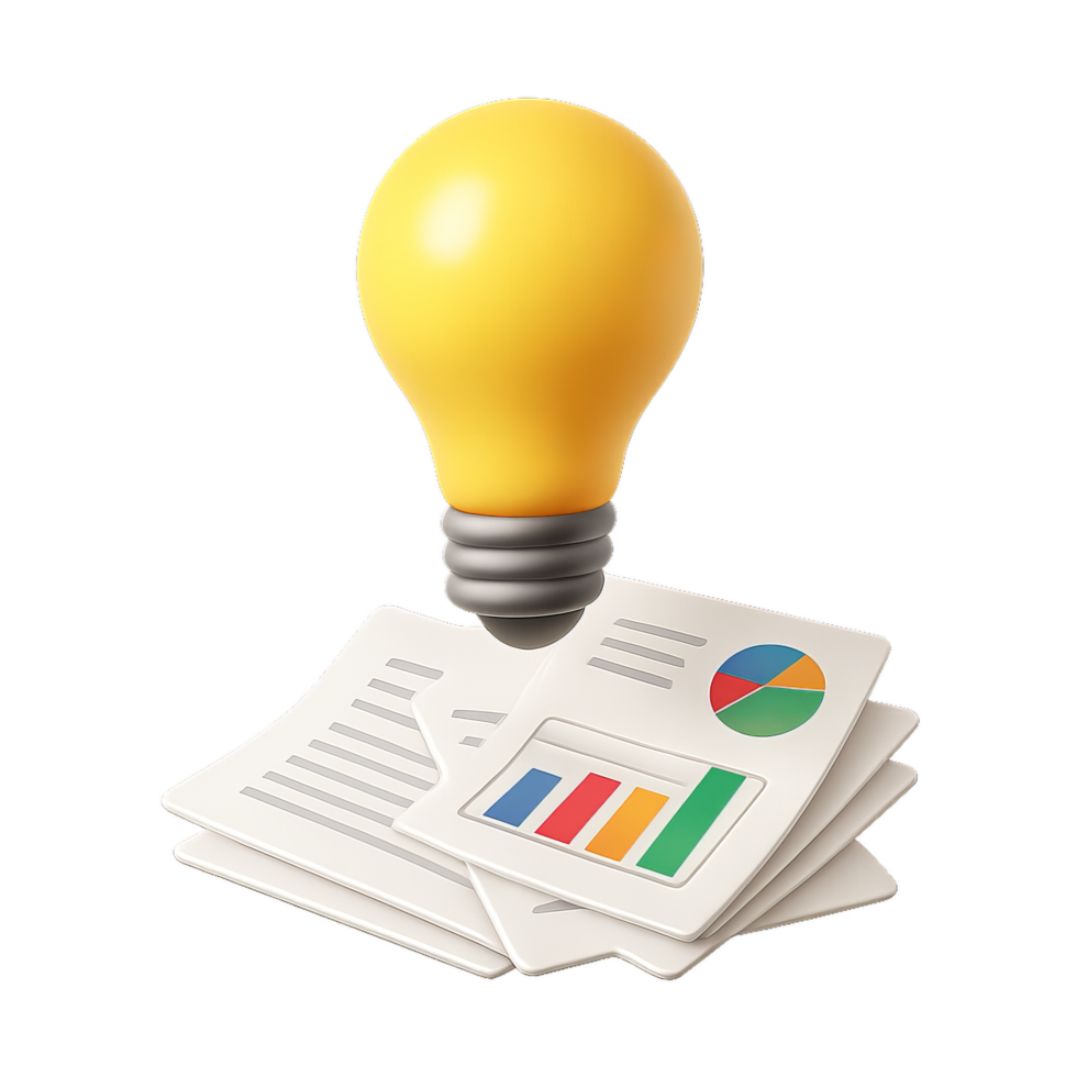 3D Light Bulb Glow Over Paper Sheets with Colorful Chart Elements png