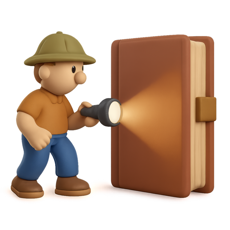 Explorer with Flashlight Investigating a Book in a Playful Scene png