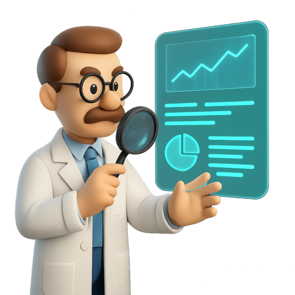 Scientist Analyzing Holographic Data with Magnifying Glass and Charts png